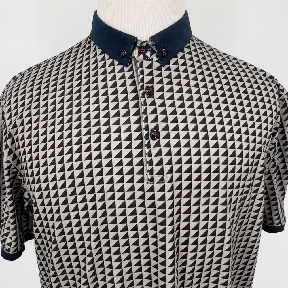 Blanc Pour Homme Men's Gray Geometric Polo Shirt Organic Cotton Size L Large